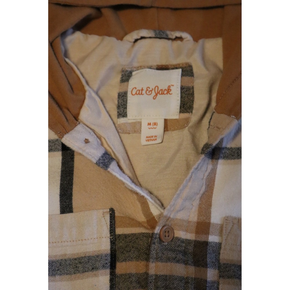 Cat & Jack Boys Plaid Hooded Flannel Shirt Jacket Tan Brown Size M 8 - Picture 3 of 4